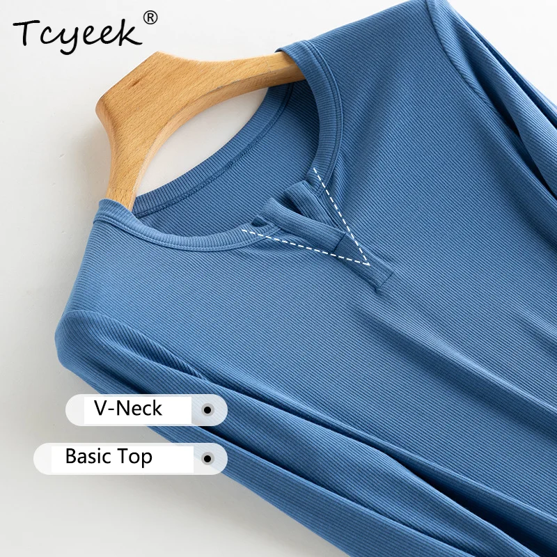 Tcyeek-Elegante maglietta in maglia da donna, seta di gelso al 6%, manica lunga, morbida e confortevole, top OL per pendolari, autunno inverno T40407QM