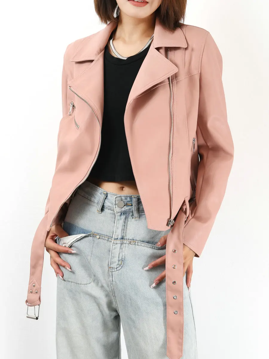 2025 femminile vintage elegante tasche cintura con cerniera vestibilità ampia streetwear cappotti top donna retrò rosa ecopelle PU giacche corte