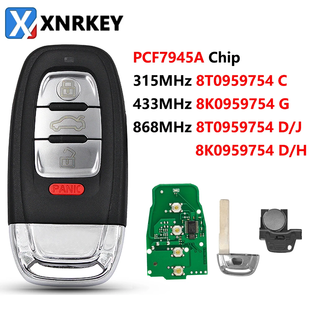 

XNRKEY 4 Button Car Remote Key PCF7945 Chip 315/433/868Mhz for Audi Q5 A4L A5 A6 A7 A8 RS4 RS5 S4 S5 with Uncut Blade Car Key