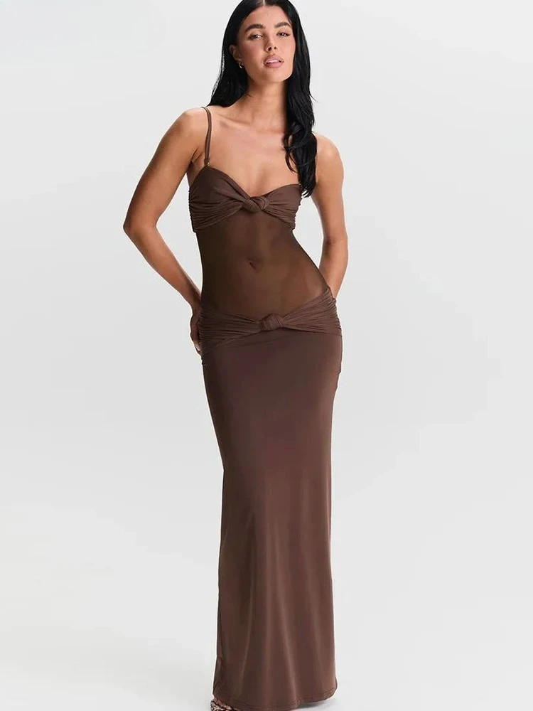 Abito lungo da donna con bretella in rete, sexy, trasparente, patchwork legato, collo basso, aderente, senza schienale, moda femminile, abiti da festa