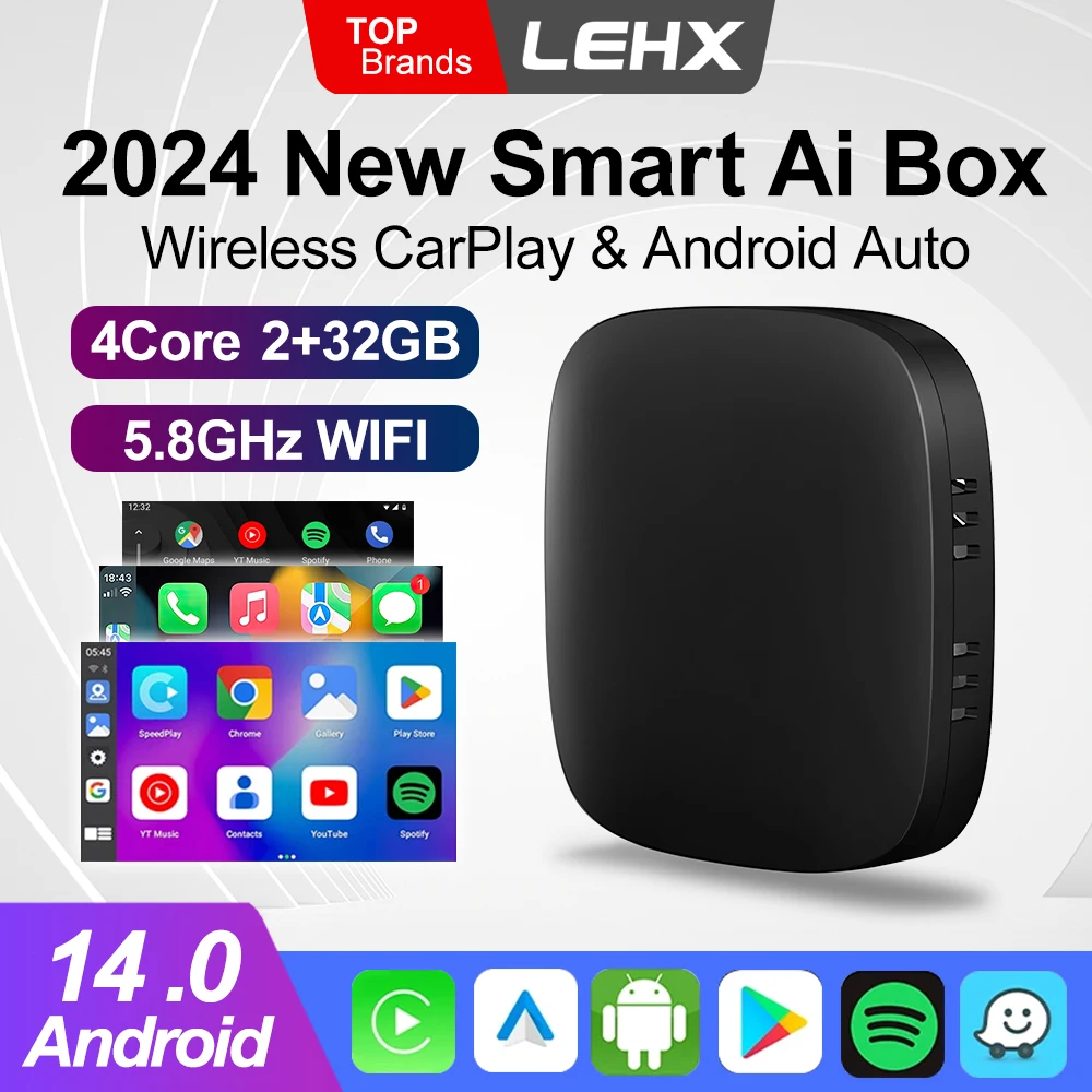 LEHX Android 14 Cars Smart  Ai Box Wired to Wireless Carplay Android Auto Adapter WiFi For Youtube Nexflit Bulit in Play Stroe