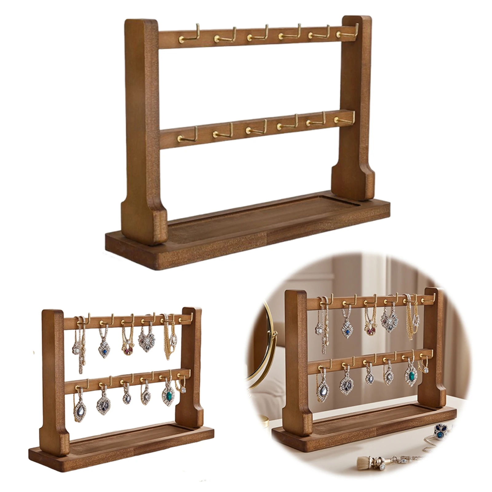 

Wooden Jewelry Display Stand with Hook Necklace Wood Holder Multi-Layer Earring Pin Brooch Organizer Home Sundries Accessories
