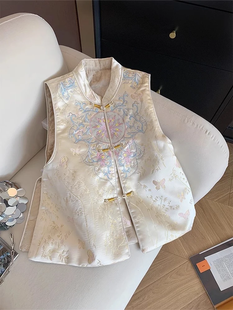 

Champagne Color New Chinese Sle Emed Gold Button Stand Collar Women's Vest Spring Autumn High Quali Ele Top