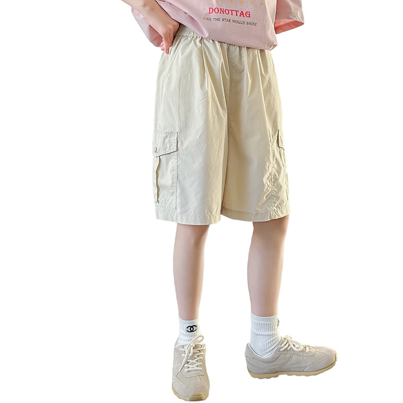 

Brief Style Kids Beige Color Cotton Shorts for Tweens Girl Casual Knee Length Pants Children Solid Mid-Calf Shorts 5 6 8 9 12 14