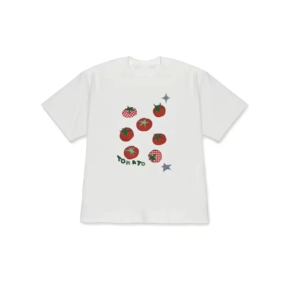 Tomaten-Graffiti-T-Shirt, niedliches koreanisches bedrucktes Vintage Washed Y2K Aesthetic Unisex Oversized T-Shirt mit Rundhalsausschnitt aus Baumwolle und kurzen Ärmeln