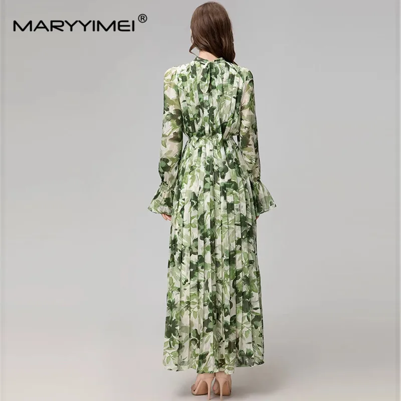 MARYYIMEI New Fashion Women's Stand Up Collar Lantern Long Sleeved Pleated Slim Fit Printed Holiday Elegant Medium Length Dress