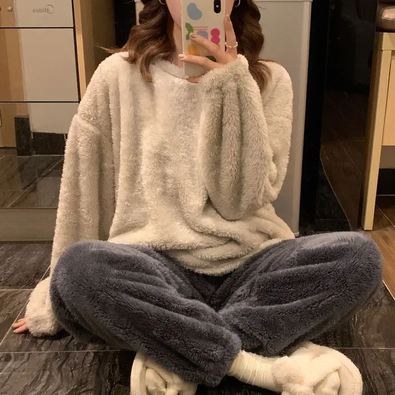 

Youthful Woman Clothes Sleeping Pijama Set Winter New Coral Plush Thickened Home Fur Pjs Sleepwear Set Korean Style Fashion Pj
