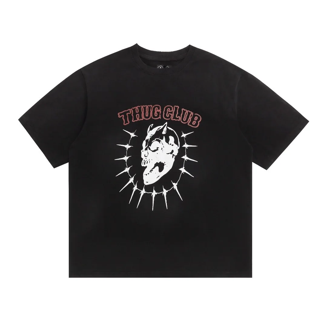 

Модная винтажная футболка Thug Club с принтом черепа, темно-серая, с эффектом потертости, свободного кроя, с коротким рукавом