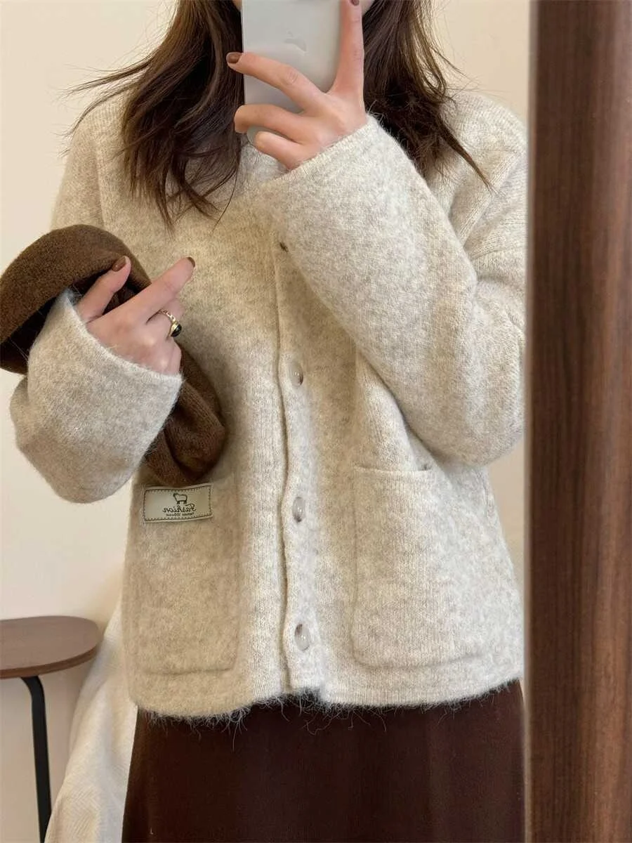 

Thiened Knitted Plu Outerwear round Ne Sweater Warm Cardigan Casual Sle Women's Faion Autumn New Arrival Coat