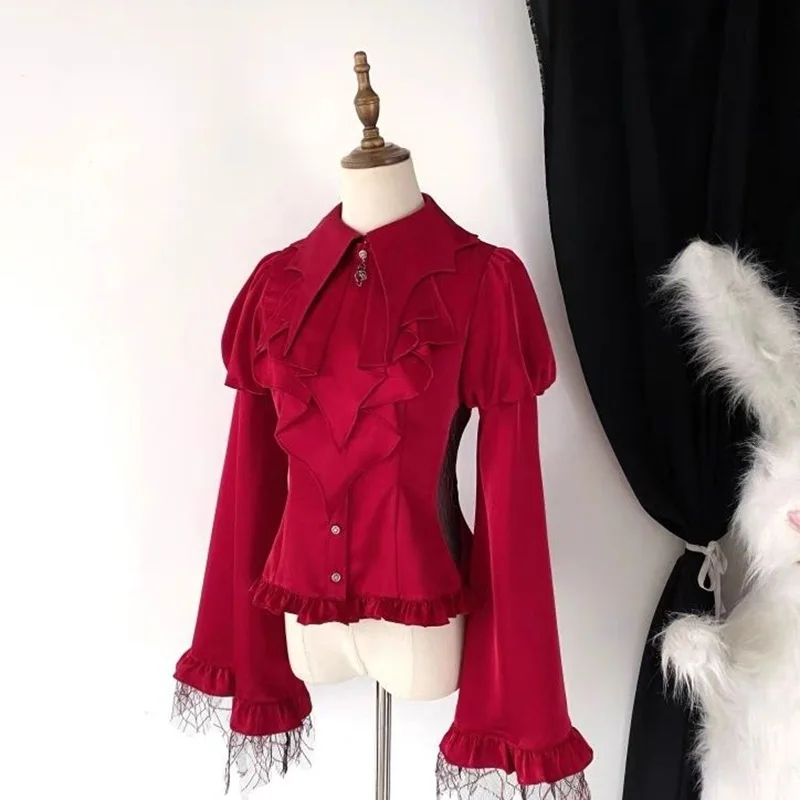 Damenbekleidung Hemd Laterne Lange Ärmel Einfarbig Lässiges Design Mode Vintage Lolita Stil Gothic Slim Bluse Y2k Tops