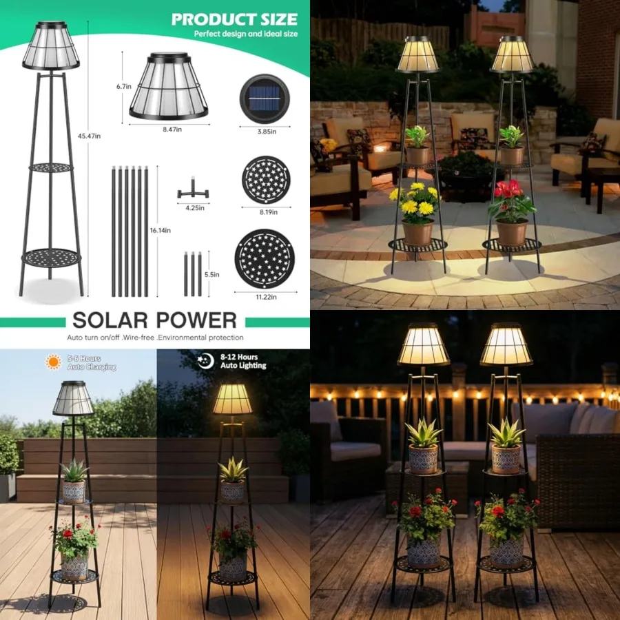 

2 Pack Solar Lights with Plant Stands, 45.4'' Waterproof Outdoor Metal Solar Floor Lamps for Patio Deck Yard Pathway Porch Gard