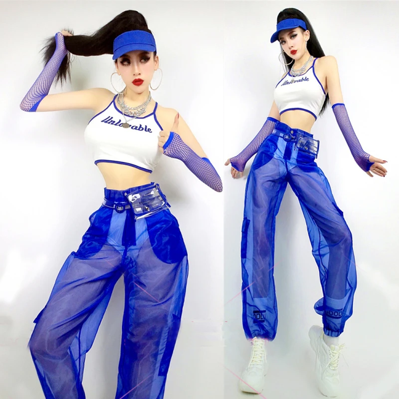 Women Jazz Korean Dance Performance Costumes Vest + High Waist Letter Jeans Suit Hip Hop Street Dance Stage Costumes SL4547