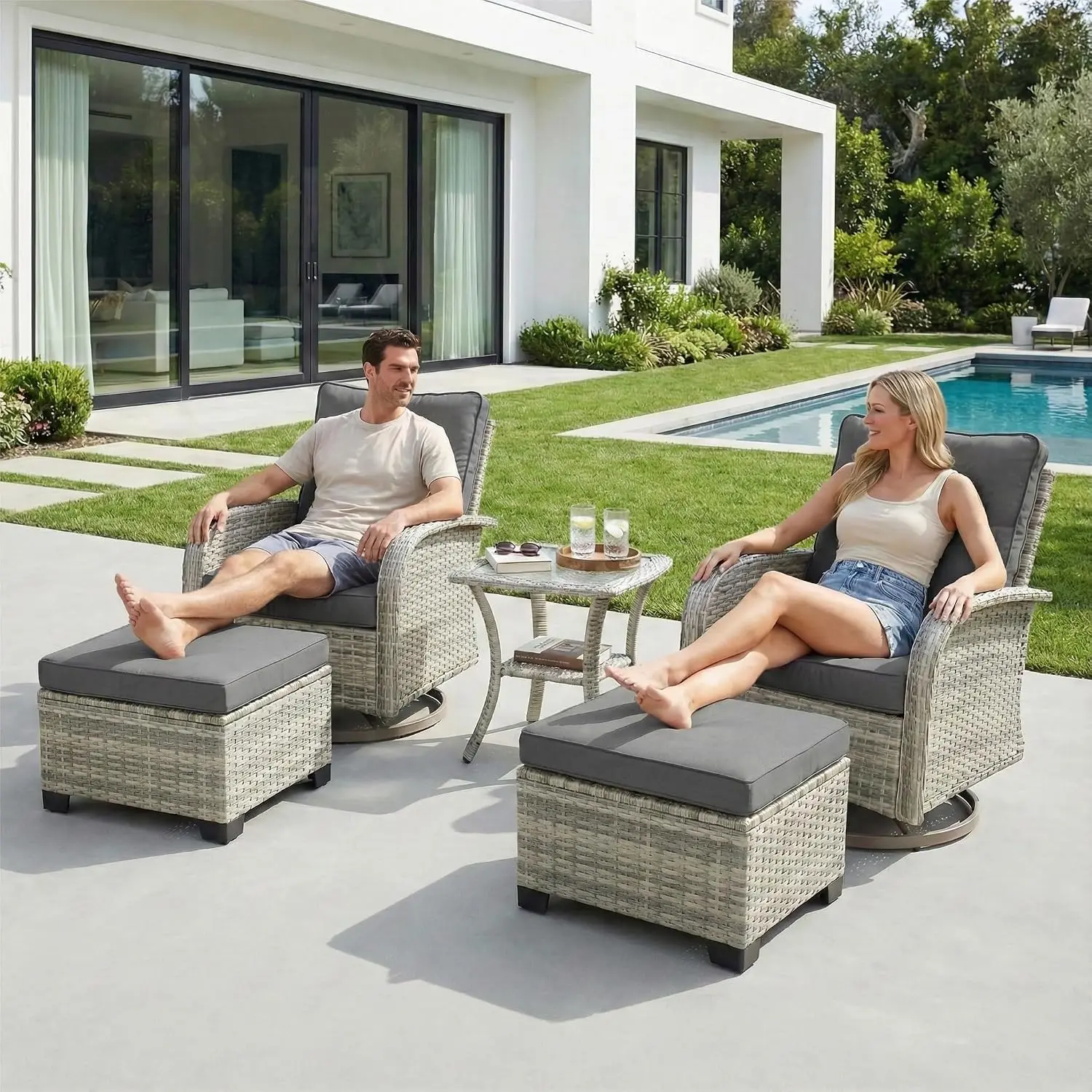5-Piece Outdoor Swivel Rocking Bistro Set with Ottoman for Balcony Deck Porch, Grey, Customized