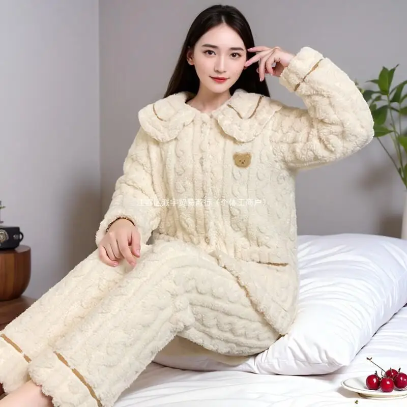 

Women's Flannel Pajama Set Two Piece Coral Fleece Fleece Lined Winter Warm Sleepwear Cozy Comfortable Loungewear Homewear Autumn