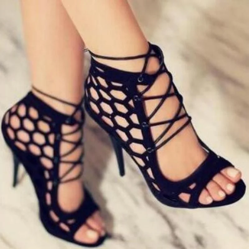 F102116Summer Plaid High Heel Stiletto Cross Lace-up Cutout Open Toe Women's Shoes Peep Toe Women's Sandal Boots