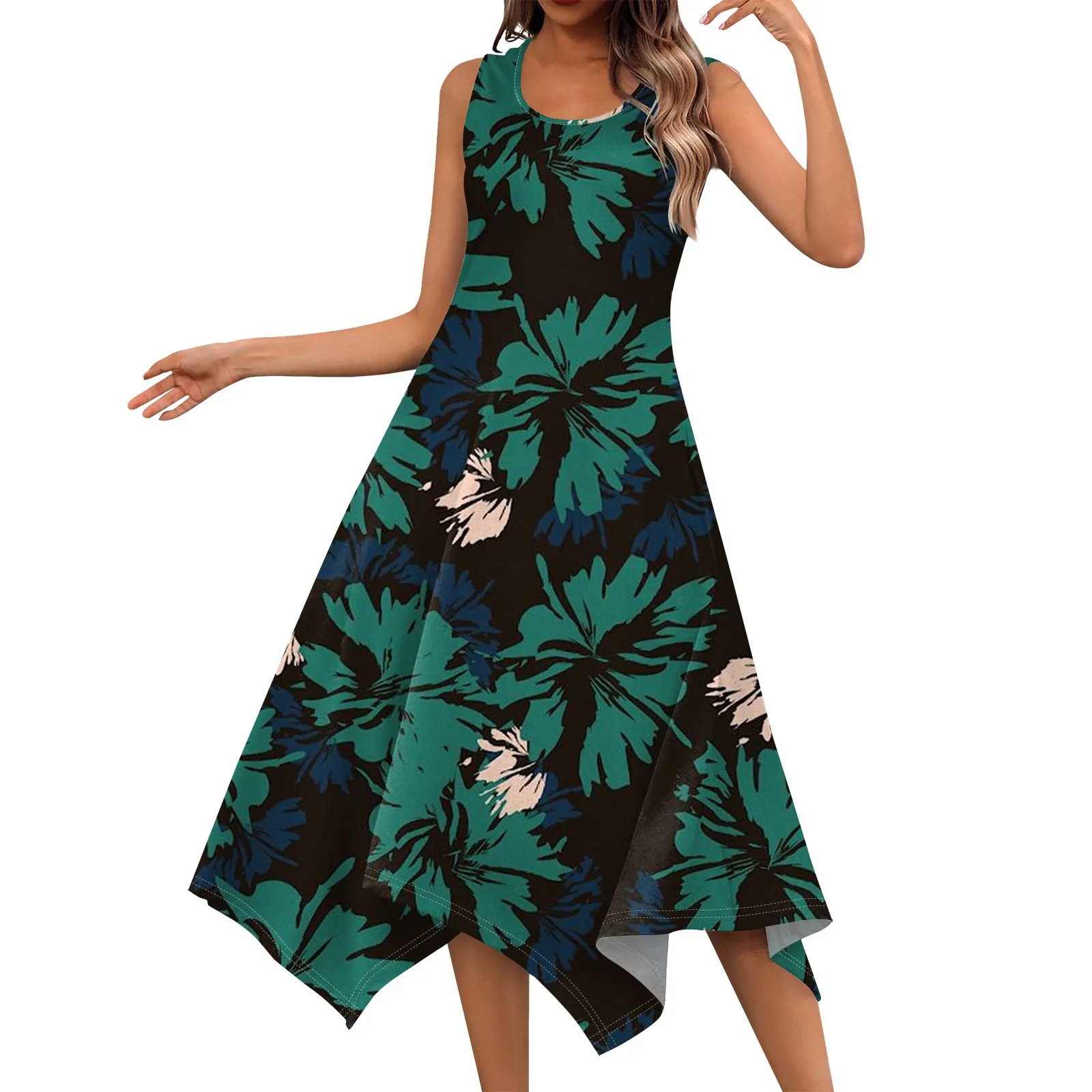 Women'S Casual Dress Floral Printed Fashionable Round Neck Dress Tank Top Flowy Graceful 2024 Sleeveless Irregular Hem Dress