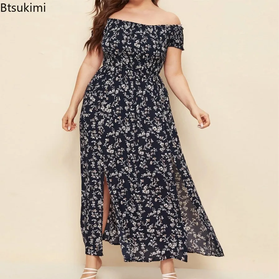 New 2024 Women's Sexy Beach  Dress Vintage Sundress Bohemian Maxi Dress Robe Femme Boho Floral Women Split Long Dresses Vestidos