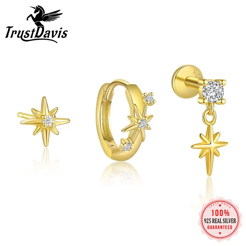 TrustDavis Echt 925 Sterling Silber Mode Einfache Achtzackigen Stern Ohrringe für Frauen Hochzeit Geburtstag Edlen Schmuck DS4199