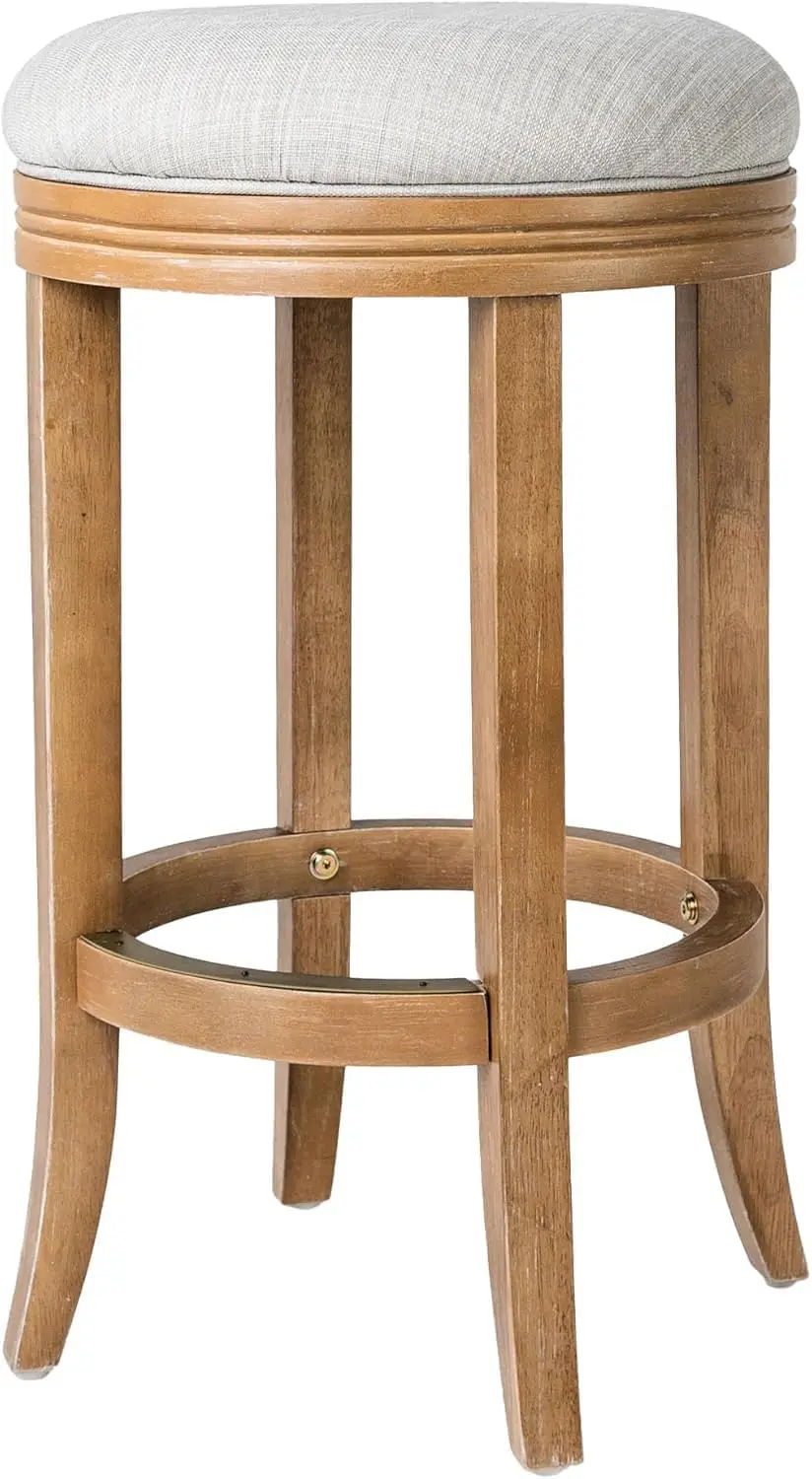 

Eva Bar Stool 31 Inches – Round Swivel Stool with Footrest – Brown Solid Wood and Natural Fabric Upholstery – Ideal for Ba