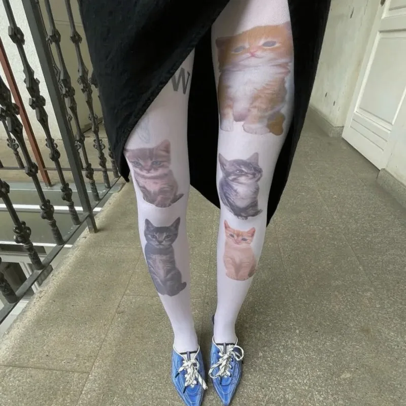

Harajuku Cat Printed Pantyhose Women Streetwear Cosplay Tights Stockings Girls Kawaii Y2K White Japanese Style JK Long Socks
