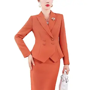 بدلة تنورة رسمية أنيقة للنساء مجموعة سترة نسائية طويلة الأكمام برتقالي وأزرق داكن أزياء نسائية أعمال العمل وصول جديد أعلى 12 مبيعات اللباس تنورة الدعاوى - No2