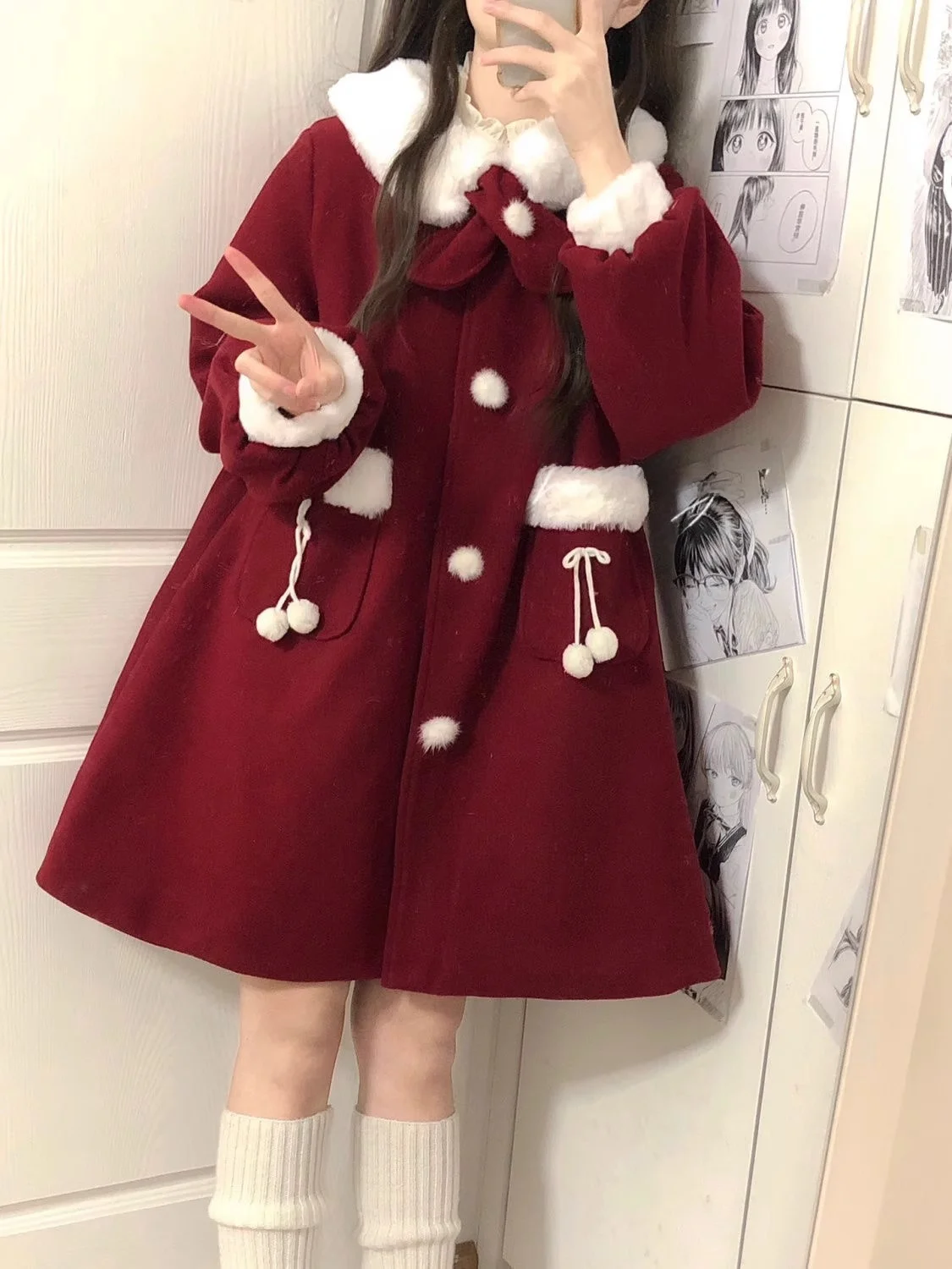 

Новогоднее длинное шерстяное пальто Cisas Sli Design ort Person's Midi Red Woolen Coat Commute Straight Tube Ape