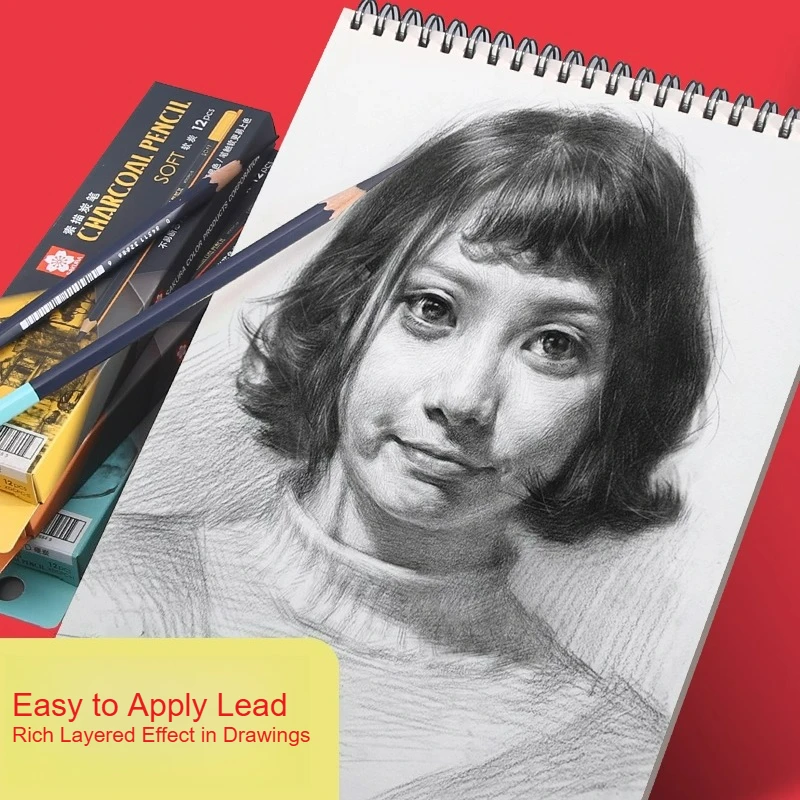 SAKURA Schetspotloden Zacht/Medium/Hard Houtskool voor Kunststudent Schetsen Natuurlijk hout Niet gemakkelijk te breken Onderzoek Specifiek