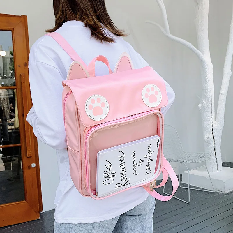 Imagem -05 - Ita Bolsa Orelhas de Gato Mochilas Kawaii Harajuku Janelas Claras para Bonecas Display Meninas Mochila de Nylon Transparente Livros Laptop Bags