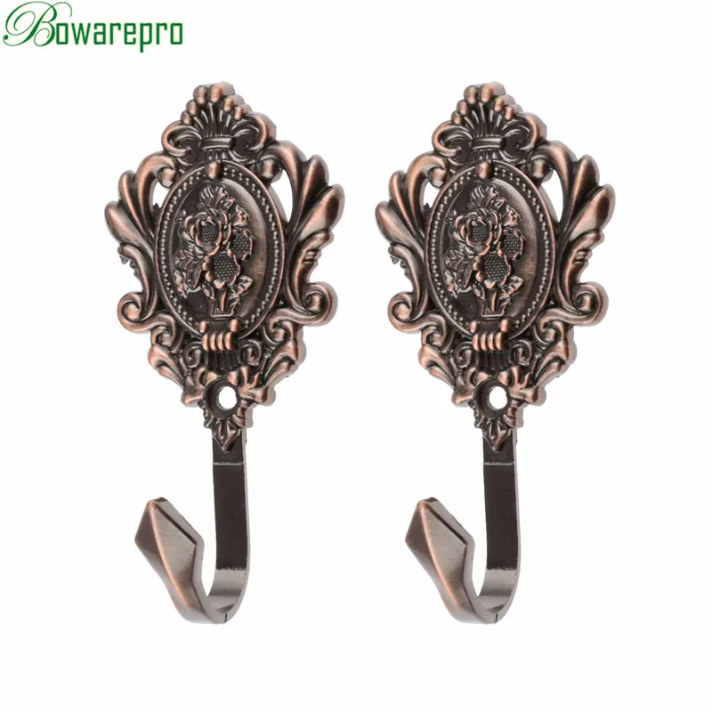 2Pcs Wall Hooks Rose Pattern Carved Vintage Drapery Clothes Key Hook Bathroom Bedroom Multi-Function Decorative Hook with Screws