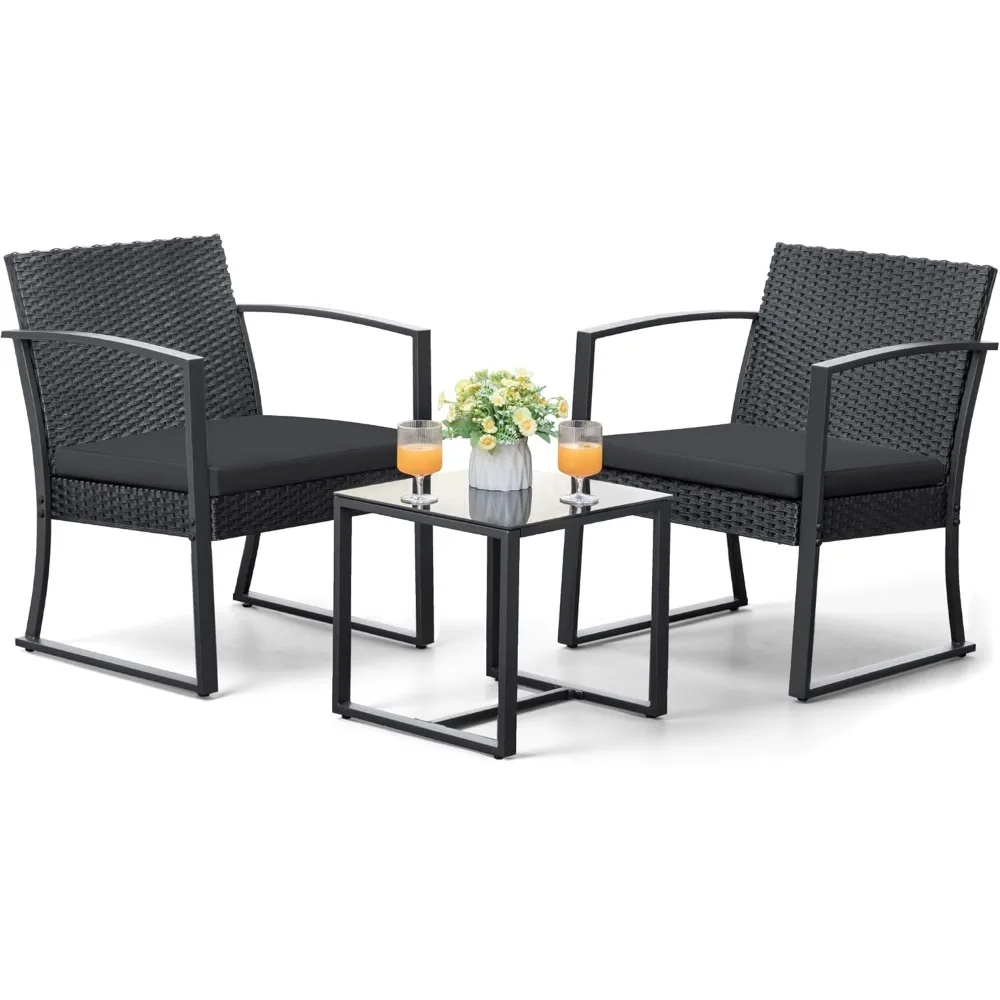 ชุดเฟอร์นิเจอร์กลางแจ้ง เก้าอี้บิสโทรสำหรับลานบ้าน พร้อมโต๊ะกาแฟกระจก สำหรับสระว่ายน้ำ ชายหาด สนามหลังบ้าน ระเบียง ลานเฉลียง สวน สีดำ