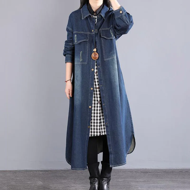 Große Größe frauen Koreanische Denim Hemd Kleid Frühling Lose Lange Denim Mantel Weibliches Hemd Lange Kleider einreiher JJ628