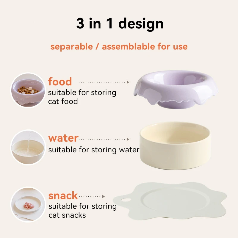 Pet Bowl Set 3 in 1 Cat Food Water Ceramic Bowls Small Dogs Elevated Feeding Supplies