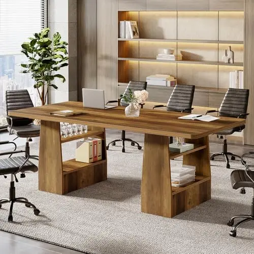 63 inch Conference Table with 4 Shelves, Rectangular Meeting Table for Office, Large Sturdy Business Desk Seminar
