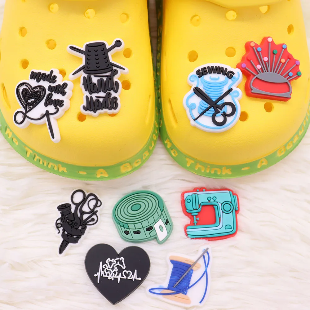 9Pcs Sewing Machine Needle and Thread PVC Adult Shoes Charms Scissors Clog Button Decorations DIY Party Gifts