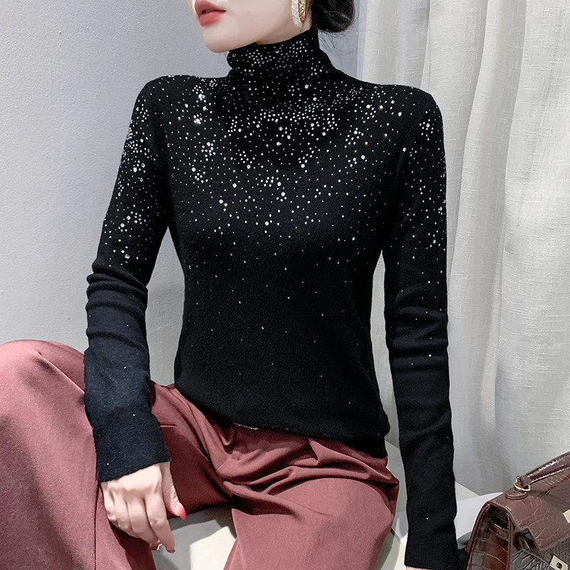 2025,New,European,Clothes,Fall,Winter,Knitted,Turtleneck,Sweater,Fashion,Sexy,Diamonds,Starry sky,Women,Long Sleeves,Tops,41115