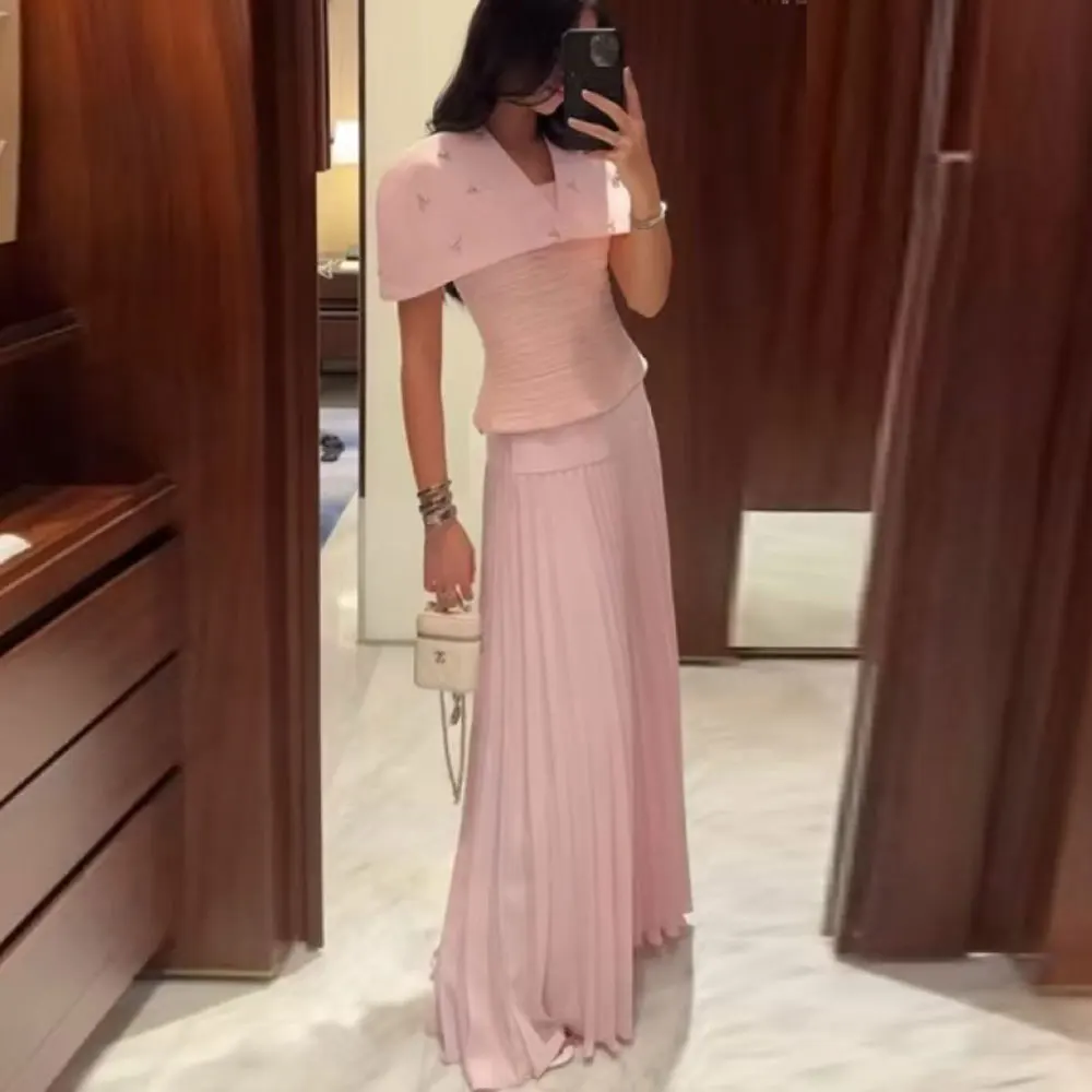 

Customized Pink Two-piece Set Draped Evening Dress With Jacket Elegant Prom Party Gowns Floor Length Abendkleider Vestidos De