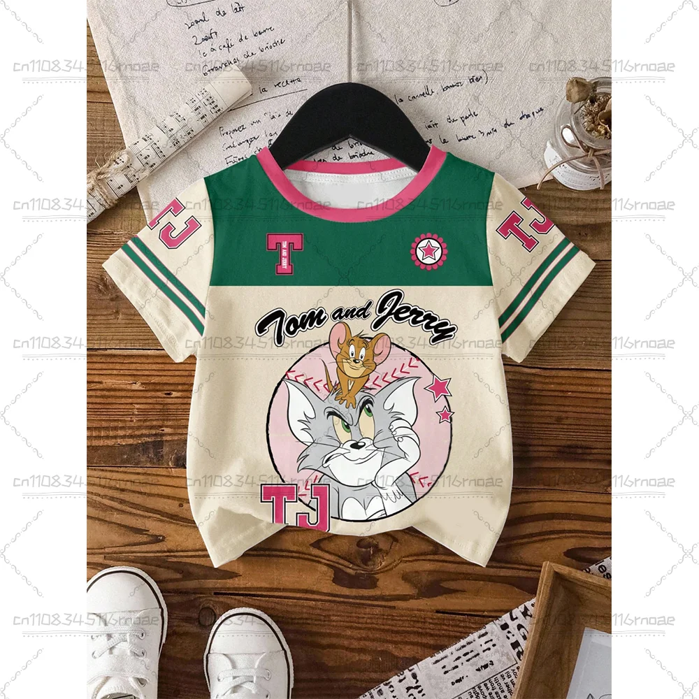 

TOM&JERRY Cartoon Pattern Printed Knitted Cute Children's Casual Top Round Neck Fashion Street Wear T-shirt Summer Adult Top
