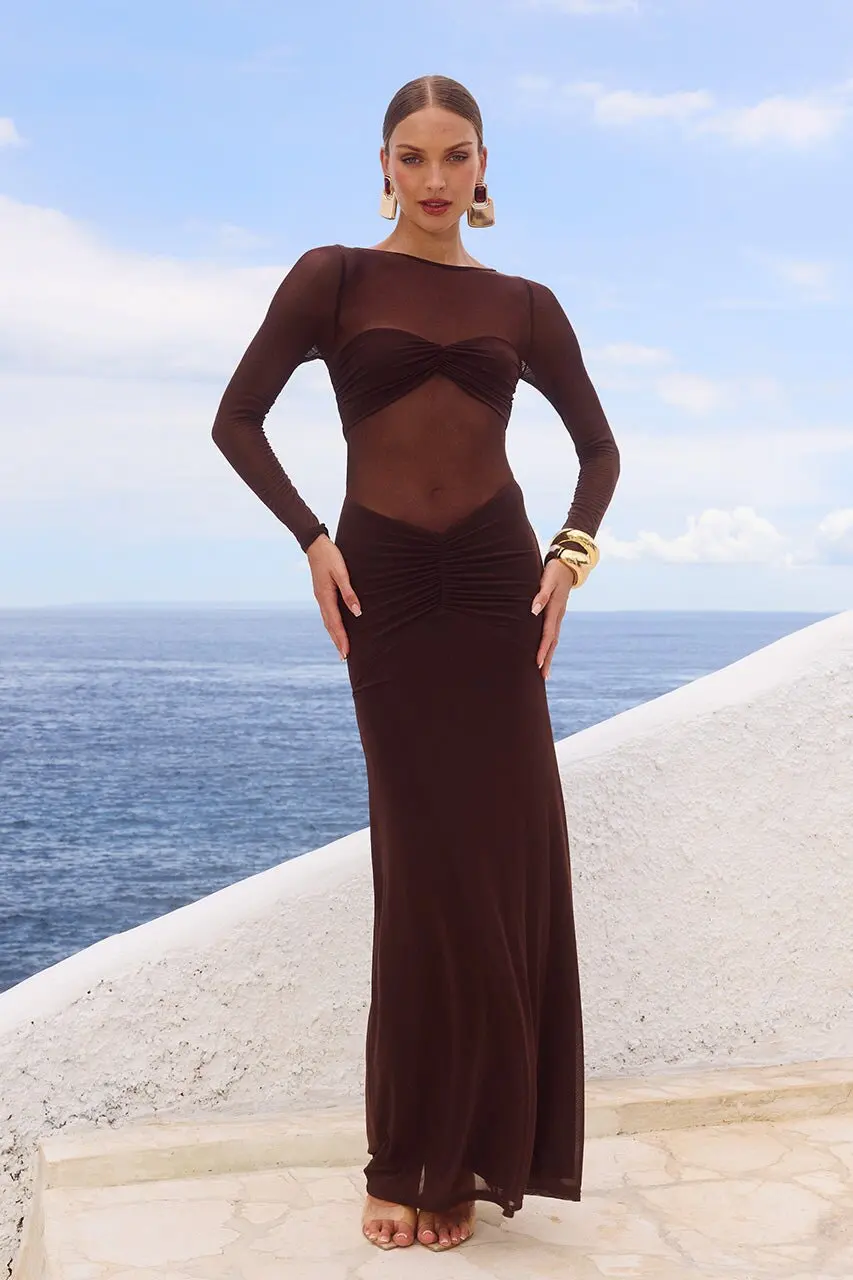 Women's high neck long sleeved mesh patchwork sexy and translucent slim fit high waist pleated dress