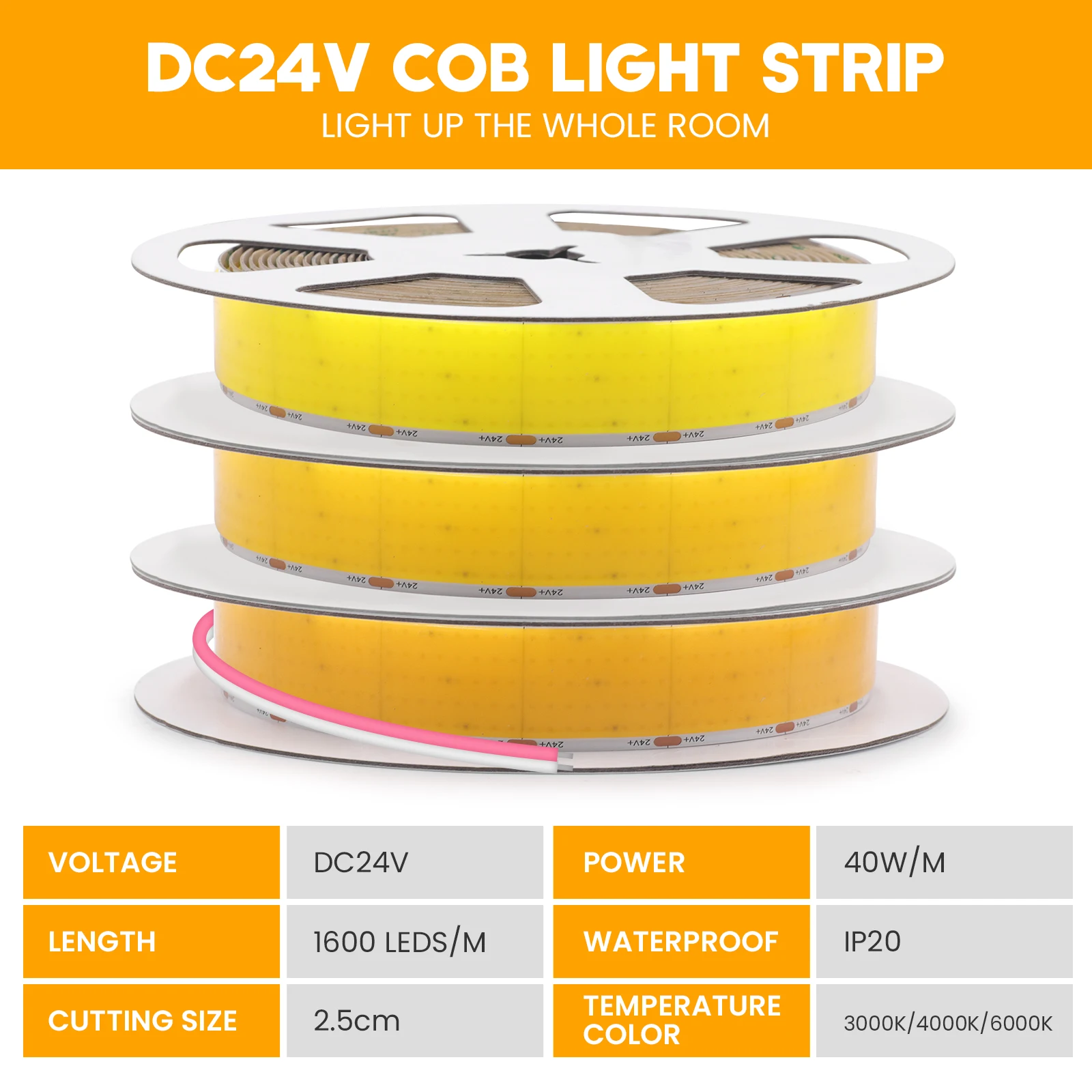 High Bright 24V COB LED Strip Light High Density 1600LEDs/m Flexible Led Tape for Room Linear Lighting Warm Natural White 6000K