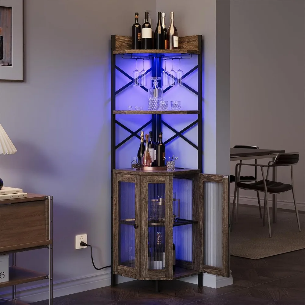 

Bar Cabinet With Power Outlet, 5-tier Corner Wine Cabinet With Led Strip And Glass Holder, Industrial Tall Liquor Cabinet