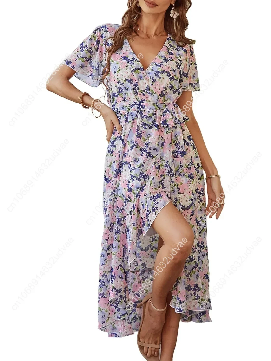 

Women's Summer Floral Boho Dress Wrap V Neck Short Sleeve Ruffle A-Line Flowy Maxi Wedding Guest Dresses
