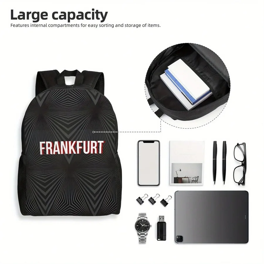 

Lightweight Black Backpack With Red Frankfurt Text Adjustable Straps Zipper Closure For Travel Commuting Gym