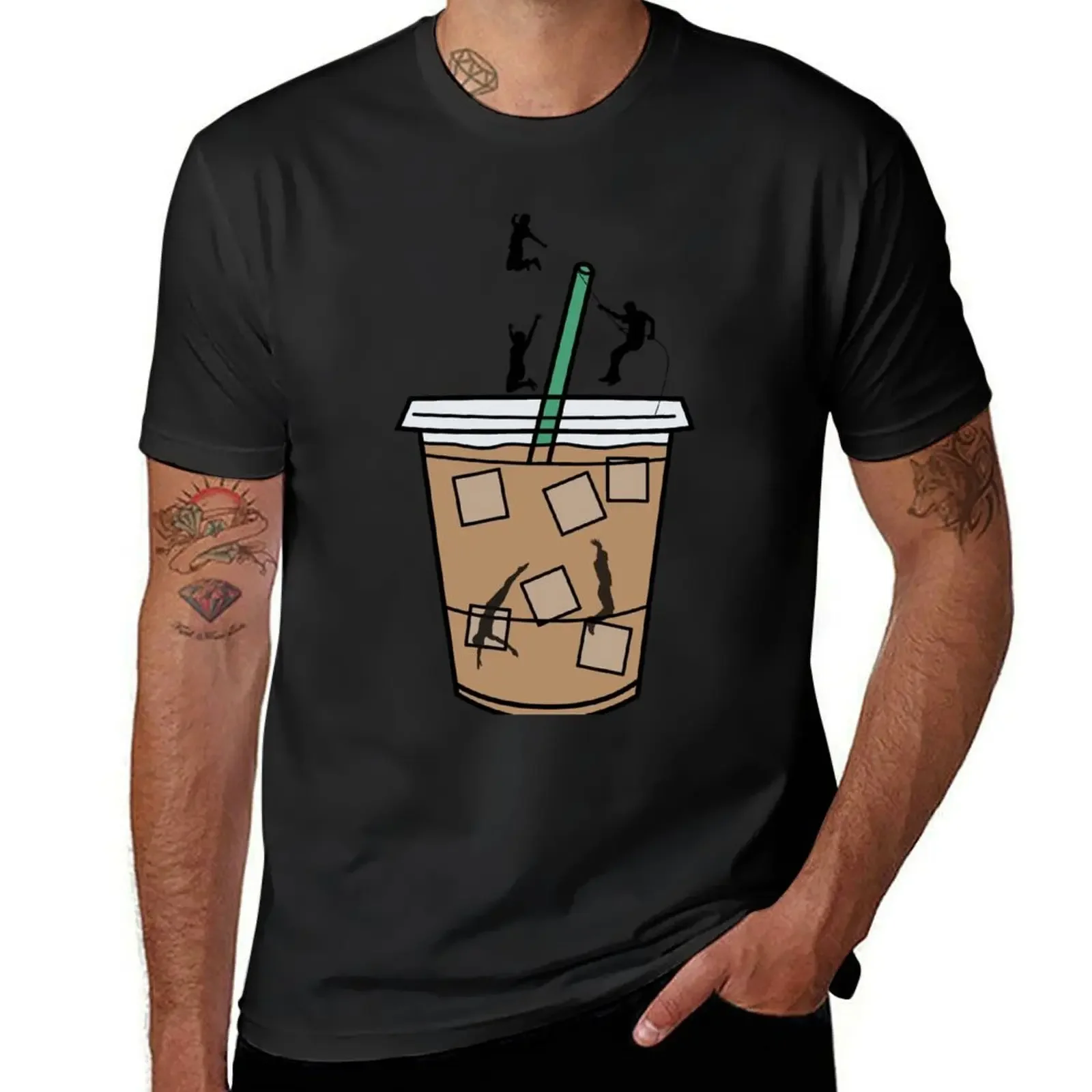 People Jumping and Adventuring on an Iced Coffee Cup T-Shirt korean fashion blanks mens t shirts pack