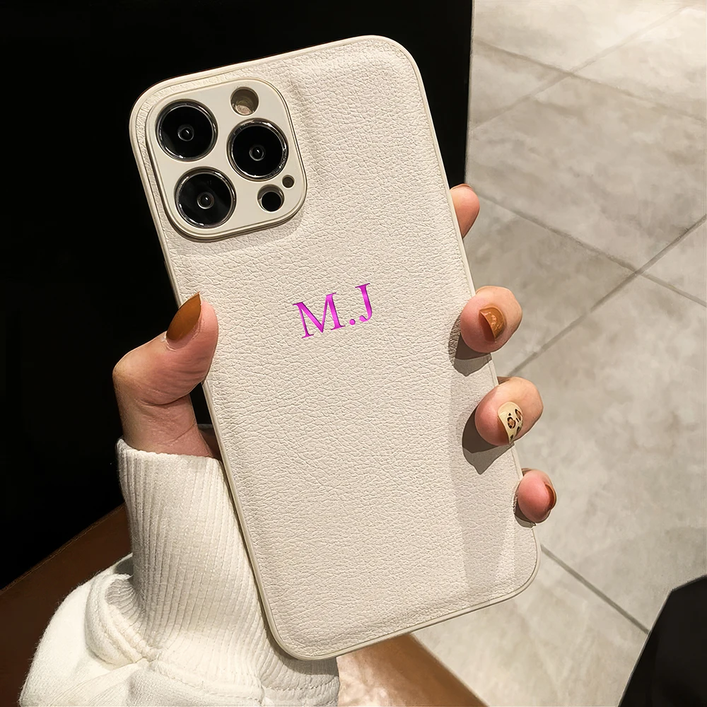 Personalized Customized Name Case For iPhone 15 14 13 12 11 Pro Cover 13 14 Max Initials Letters Leather DIY Engraved 16 Pro Max