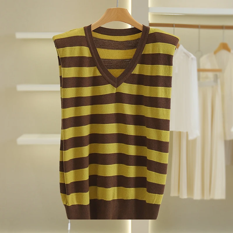 다용도 스트라이프 브이넥 니트 조끼 브랜드 25 가을 상의 편안한 스트레이트 컷 폴리에스터 섬유 후드 단품