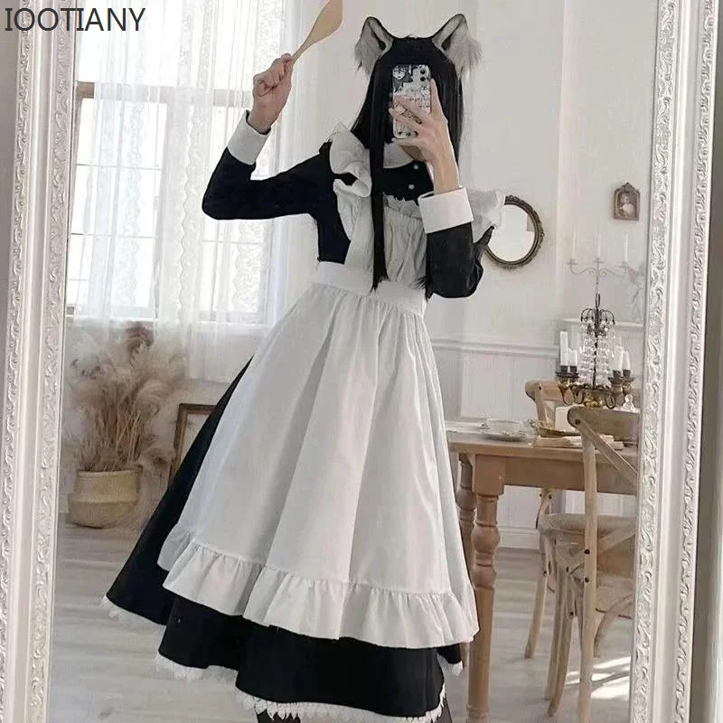 Women's Classic Lolita Maid Dress Vintage Inspired Women's Outfits Cosplay Anime Girl Black Long Sleeve Cos Maid Costume S-3XL