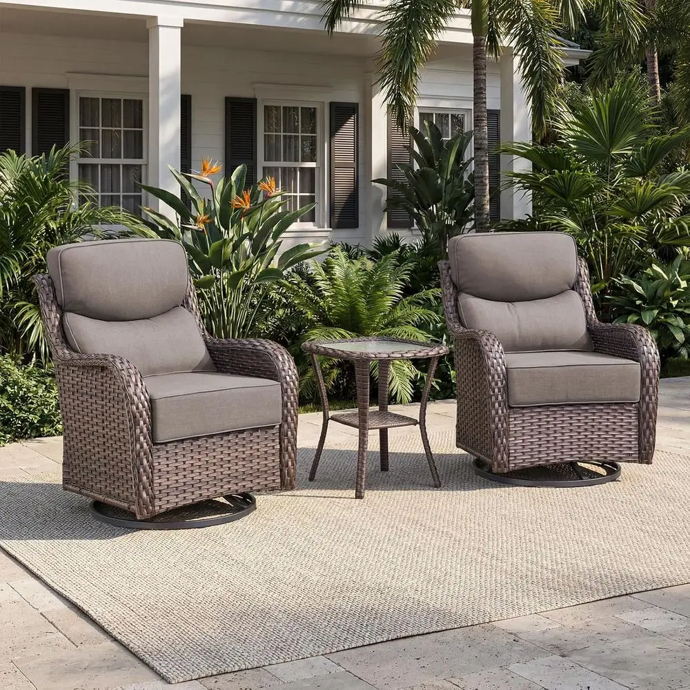 

Weather-Resistant Wicker 3-Piece Patio Bistro Set with High Back Swivel Rocker Chairs and Side Table, Brown/Grey