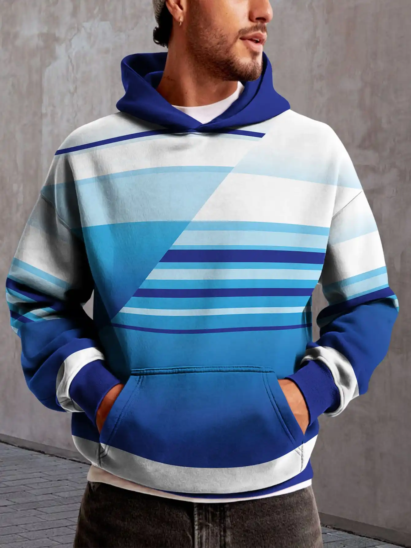 

Blue Gradient Stripe Patchwork Style 3D Printed Hooded Geometric Pattern Hooded Sweatshirt Casual Street Style Pullover Hoodie