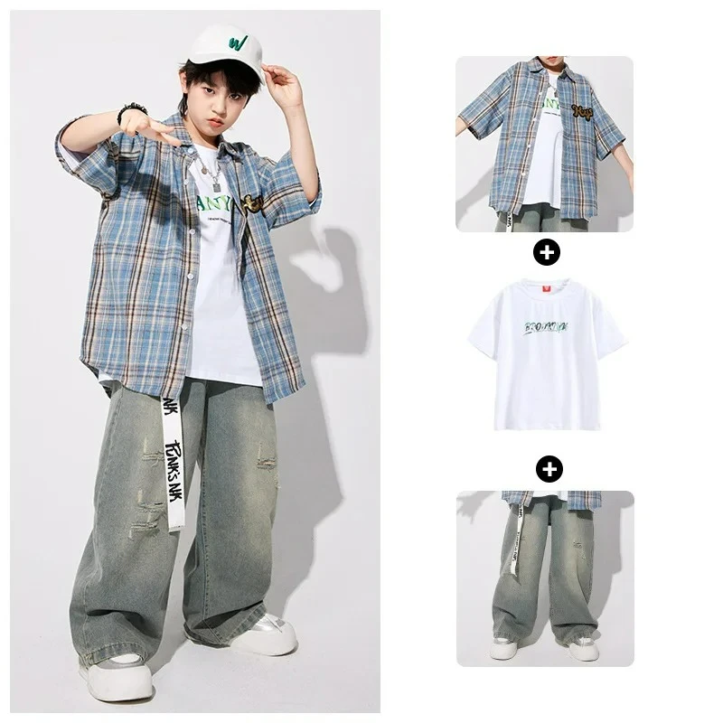 ملابس الهيب هوب اليابانية منقوشة خمر قميص ممزق الجينز الفتيات K-pop الشارع الرقص مجموعات الصبي الشارع الشهير ملابس الاطفال الجاز زي