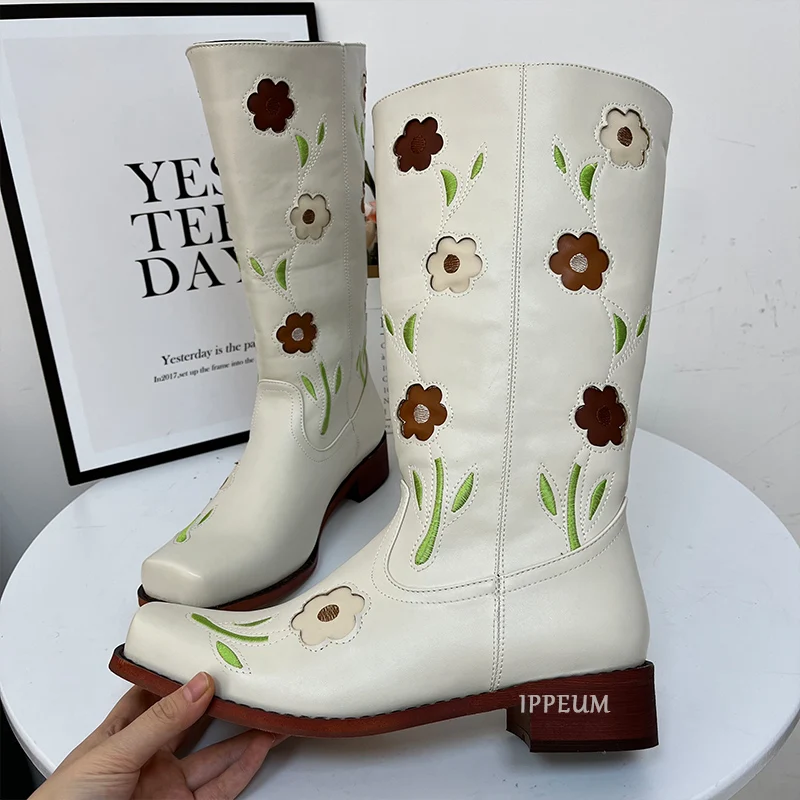 IPPEUM Flower Boots Beige Vintage 90S Western Cowgirl Wide Calf Shoes For Women Free Shipping Leather botas cowboy mujer Y2K